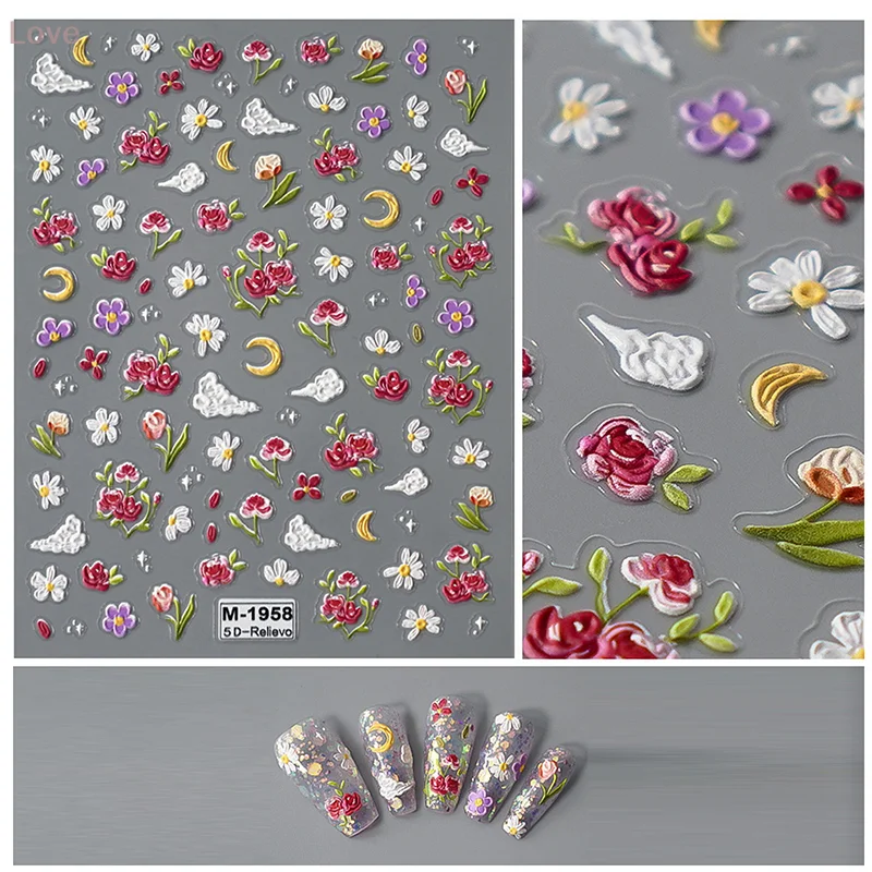 [L&P] وردة حمراء زهرة الربيع زهرة صغيرة القمر والسحابة مسمار الفن ملصقات لاصقة مانيكير الديكور