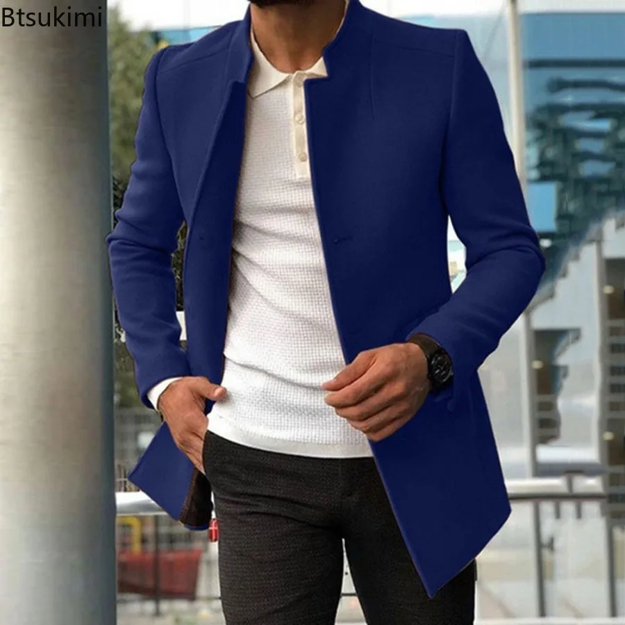 2024 Autumn Winter Fashion Men's Woolen Coats Trend Solid Slim Single Breasted Lapel Long Suit Jacket Man Simple Casual Overcoat