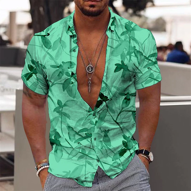 

Casual Leaves Graphic Hawaiian Shirts Fashion Trend Short Sleeve Button Lapel 3D Printed Beach Shirts Loose Vacation Mens Blouse