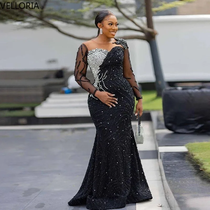 Schwarzes Pailletten-Meerjungfrau-Abendkleid, eine Schulter, lange Ärmel, elegantes Abendkleid für Frauen, Partykleid, Vestidos de Fiesta, individuell gestaltet