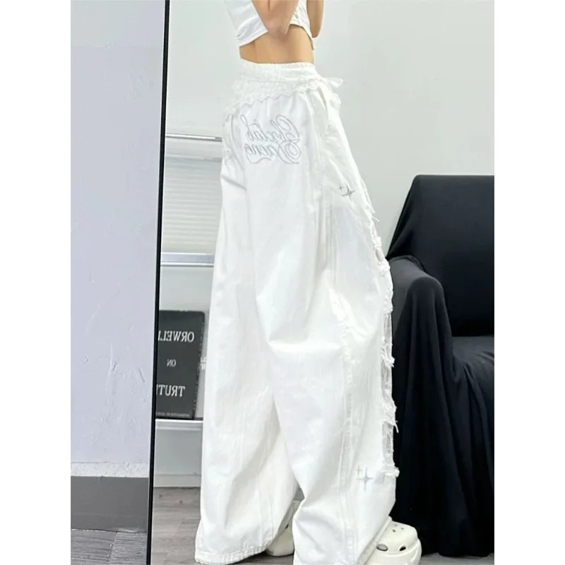 Jeans Large Size Summer Hip-Hop Loose Ripped Design White Lace Splicing Spice Girls Wide Legs Wide Legs Pants New Street Hipster