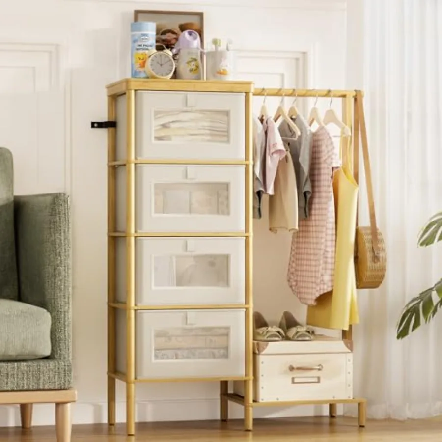 

Bamboo Dresser with Hanging Rack, 4-Drawer Small Closet Organizer for Bedroom, Tall Storage Tower with Clothes Rack, 41.4" H x