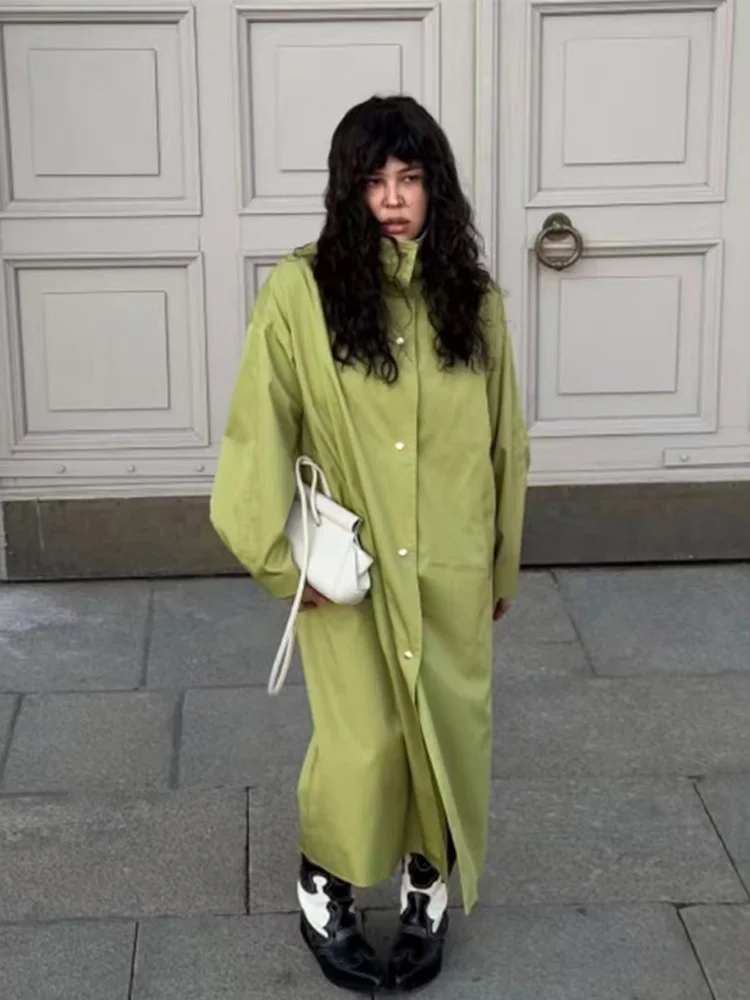 

Vintage Women's Green Overcoat Loose Lapel Single Breasted Full Sleeve Long Coats 2025 Autumn Lady Street loose Trench Coat