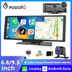 Podofo-Monitor inalámbrico para coche, dispositivo de grabación de vídeo con espejo, Carplay, Android, salpicadero automático, DVR, navegación GPS, pantalla Carplay, 6,86 