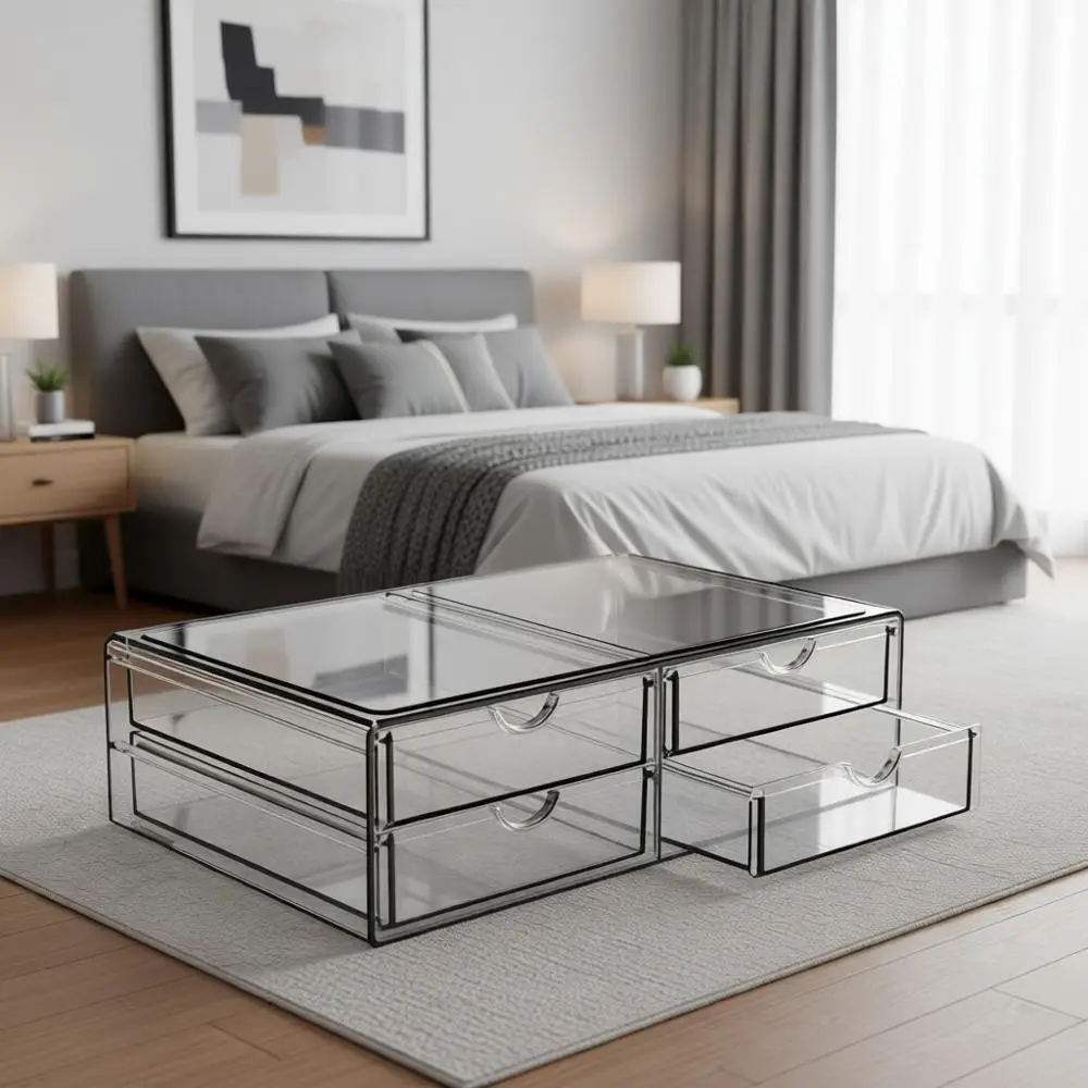 

Штабелируемые акриловые ящики – 4-уровневая прозрачная система хранения для косметики, лаков для ногтей, аксессуаров для волос и предметов первой необходимости для красоты