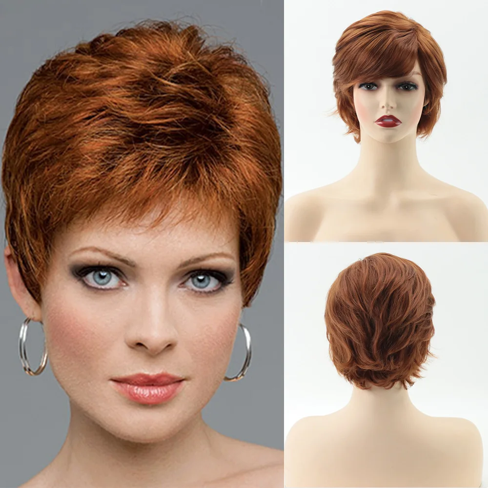 OUCEY Mixed Blonde Brown Short Wigs For Women Heat Resistant Synthetic Wig Pixie Cut Natural Looking Fake Hair Wigs