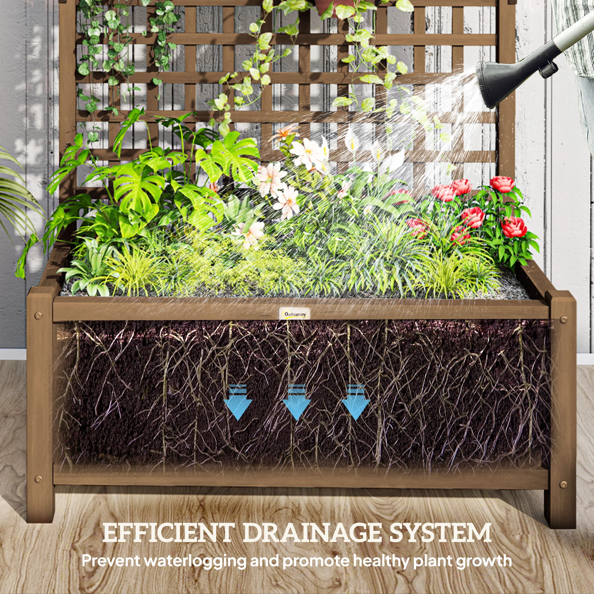 Wooden Trellis Planter with Drain Holes for Herbs Raised Bed for Garden Brown