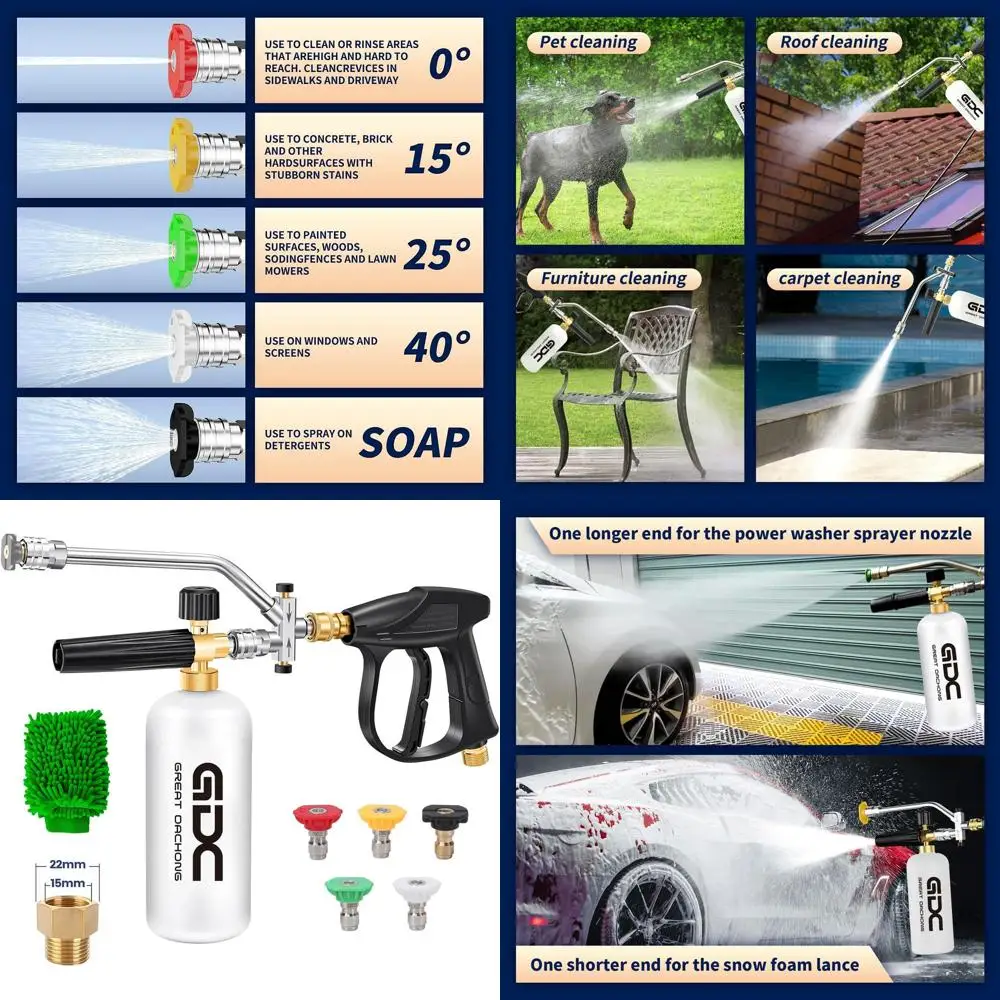 

Foam Cannon for Pressure Washer with Dual Connector & Short Spray Gun, 1/4" Quick Connect & M22 Male Inlet, Double Tip, 5 Power