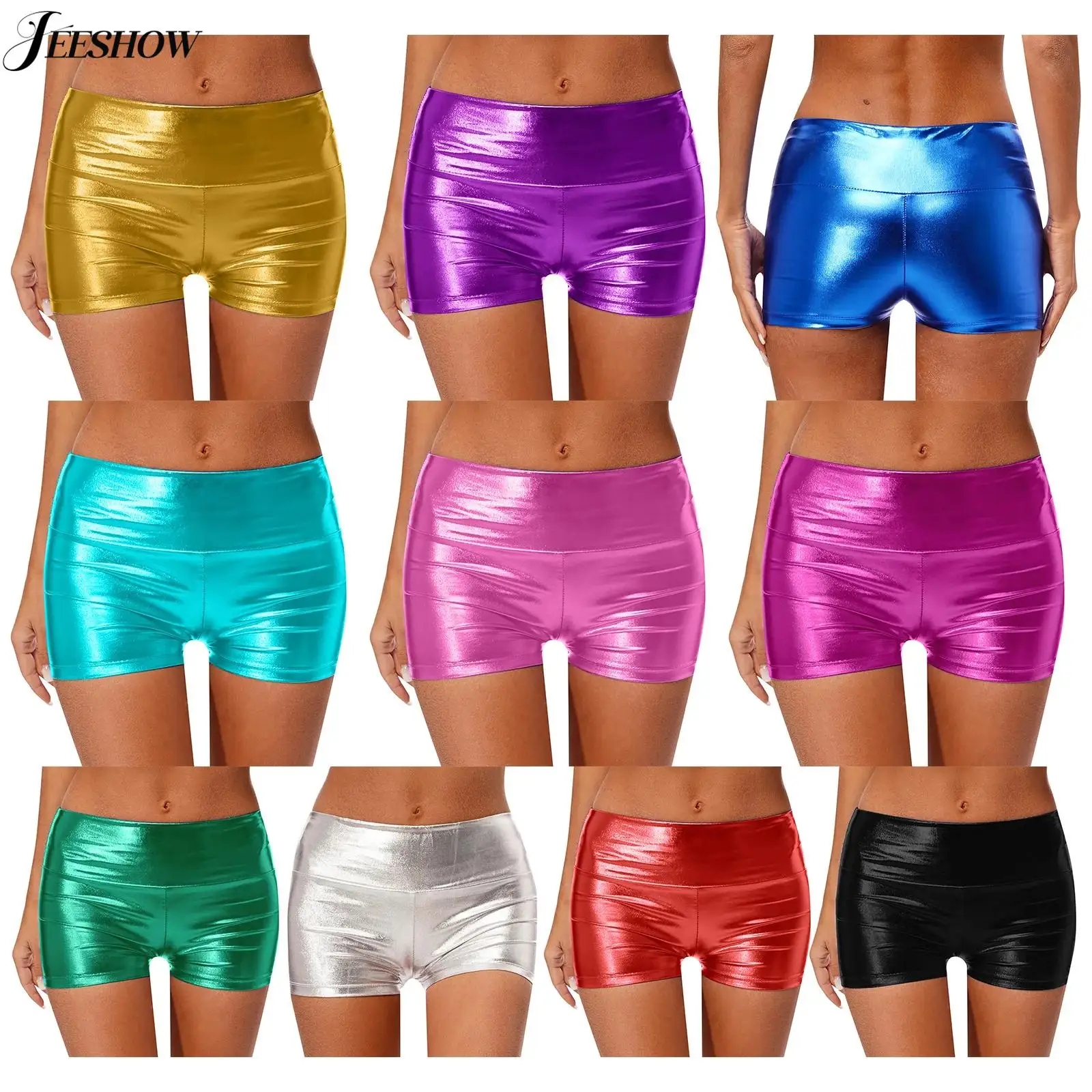 Womens Shiny Metallic Shorts High Waist Slim Fit Booty Shorts Jazz Dance Stage Performance Shorts Bottoms for Sports Gymnastics