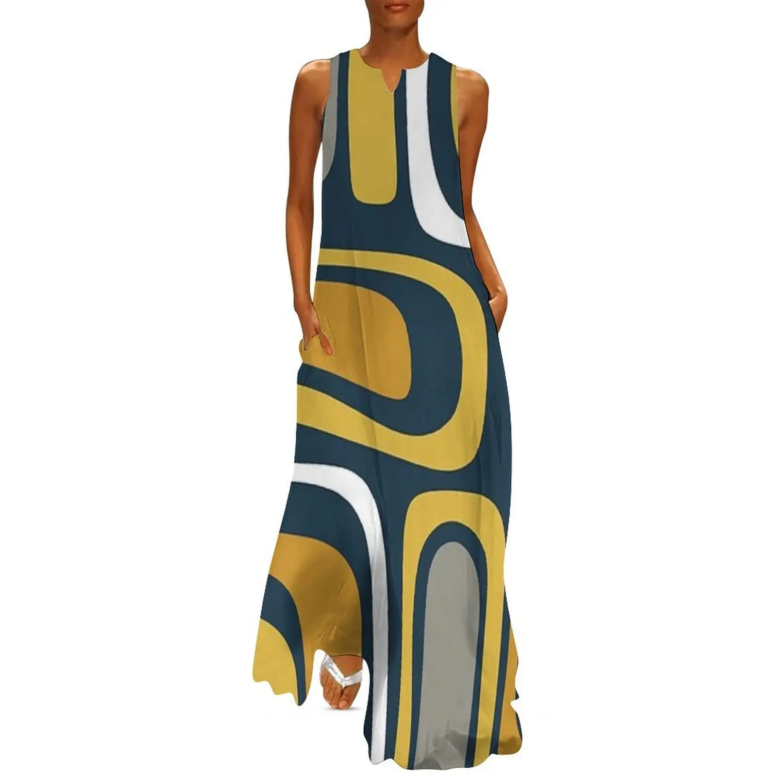 

Palm Springs Mid-Century Modern Abstract Pattern in Light and Dark Mustard, Gray, and White on Navy Blue Long Dress