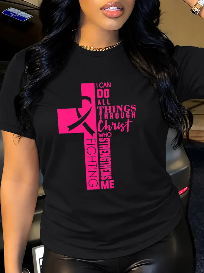 Women's I Can Do All Things Through Christ Graphic T Shirt Cross Pink Ribbon Pink October Breast Cancer Fighter Short Sleeve Crew Neck Vintage Casual Faith Warrior Tee Tops