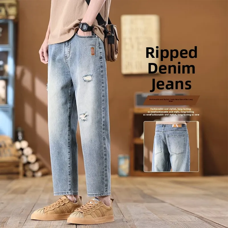 

Новые мужские джинсы свободного кроя из тонкого денима 2026 года, средняя посадка, классический фасон, весна-лето, модные, с прорезями, укороченные (длиной 9/10)