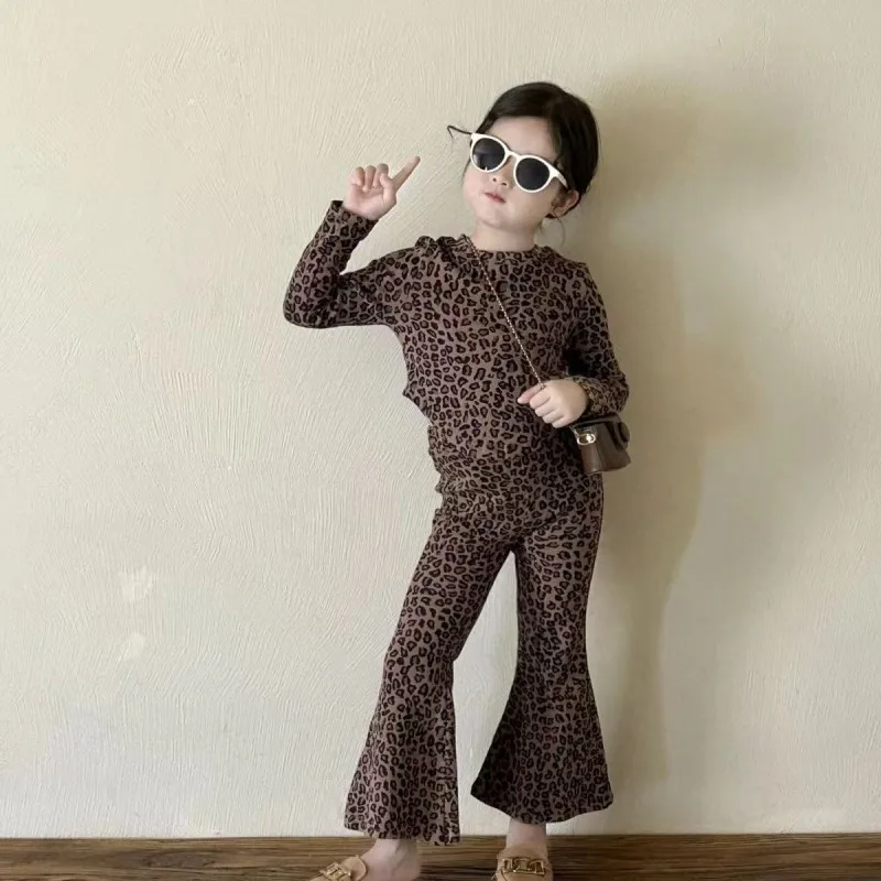 

Girls Clothes Leopard Print Set 2024 Autumn New Fashionable Korean Style Elastic Knitting Fashionable Girls Two Piece Set 2-7Y