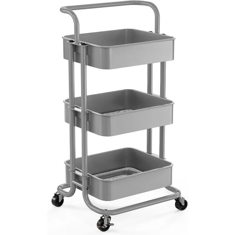 3 Tier Mesh Utility Cart, Rolling Metal Organization Cart with Handle and Lockable Wheels, Multifunctional Storage Shelves