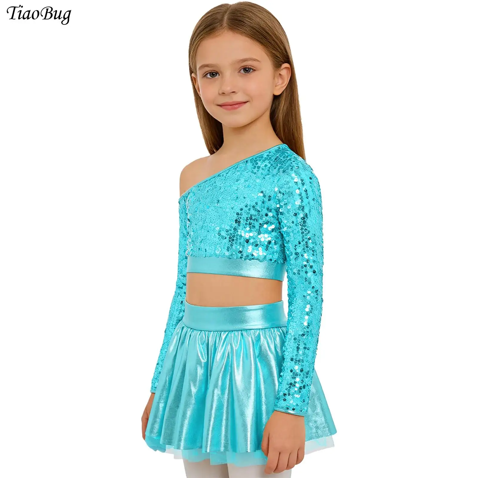 

Kids Girls Sequin Jazz Dance Outfit One Shoulder Long Sleeve Shiny Crop Top with Metallic Tutu Skirt Cheerleading Dance Costume