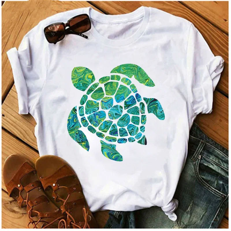 Women's Turtle Print T-shirt, Short Sleeve Harajuku Cartoon T-shirt, Summer 2026 Round Neck Street Style T-shirt, Y2K Clothing
