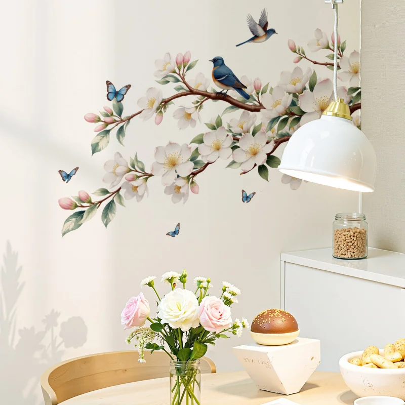 

Fresh Plant Flower Wall Corner Decoration Magnolia Branch Bird Wall Sticker Self-Adhesive Removable