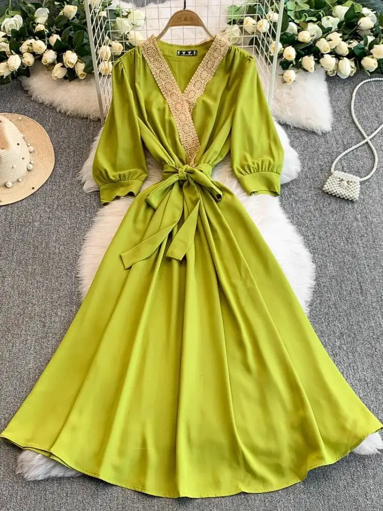 BabYoung Office Lady Vintage French Vestidos Patchwork V Neck Lantern Sleeve Lace Up Robe Satin Slim Waist Dresses