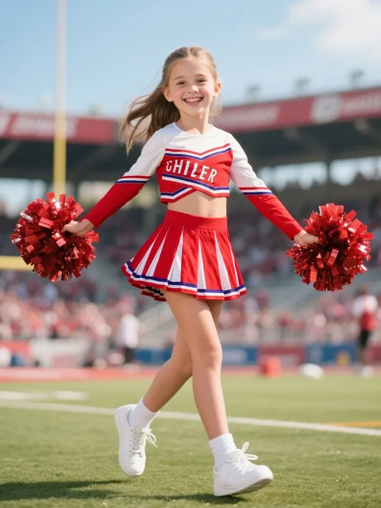 3-12Y Cheerleader Jurk (Met Handbloem) Gedrukte Letter T-shirt Voetbalspel Festival Cosplay Kleding Blauw Rode Rok - afbeelding 2