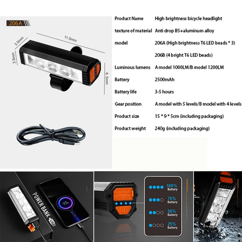 

High brightness bicycle headlight 1000LM USB Power Bank Supports Discharging Function Multi Gear Switching Bike Night Ride Light