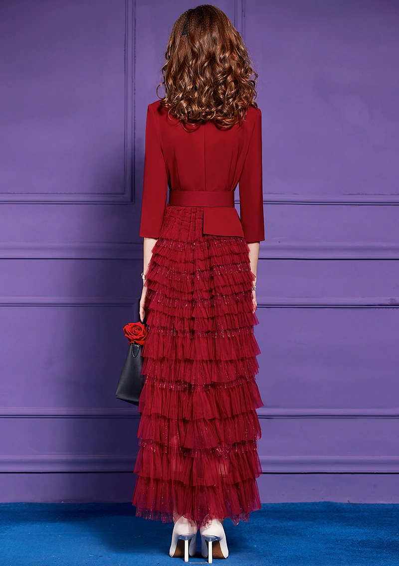 Zjyt babados em camadas de malha retalhos longos maxi vestidos para mulheres elegante manga três quartos vermelho formal vestido de festa