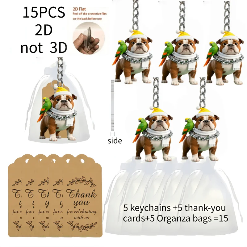 5sets French Bulldog Keychains Including 2D Acrylic Pendant & Thank You Cards & Gift Yarn Bags Charms Party Decorations Freebie