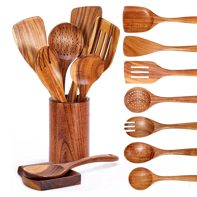 

9 PCS Wooden Spoons for Cooking Wooden Utensils for Cooking with Utensils Holder Teak Wooden Kitchen Utensils Set