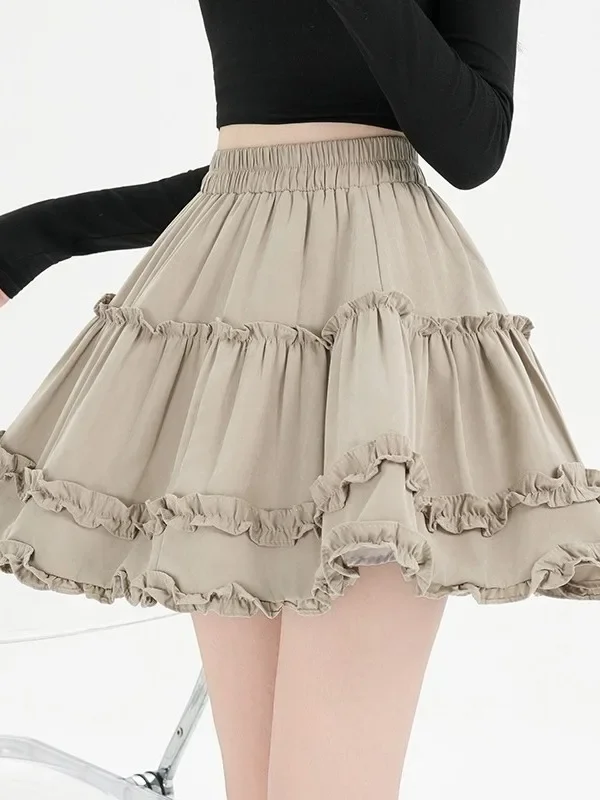 

Юбка трапециевидной формы с высокой талией, женская осенне-зимняя новинка, палевая юбка-зонтик с кружевной отделкой, антилегкое полиэфирное волокно