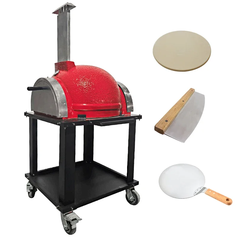 26 Inch Red Ceramic Kamado BBQ Grill Charcoal Pizza Oven with Front Door Rapid Heating Wood Handle for Outdoor Garden Backyard P