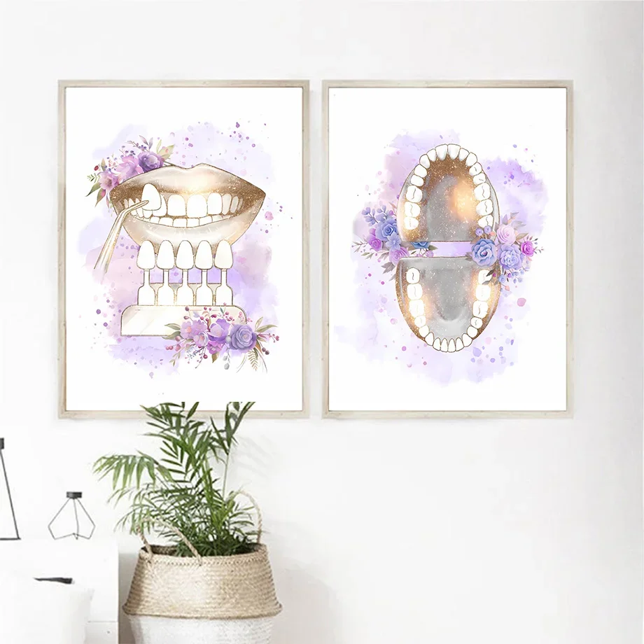 Teeth Anatomy Art Floral Oral Health  Watercolor Dentistry Posters Canvas PaintingPrints Wall Pictures For Dental Clinic Decor