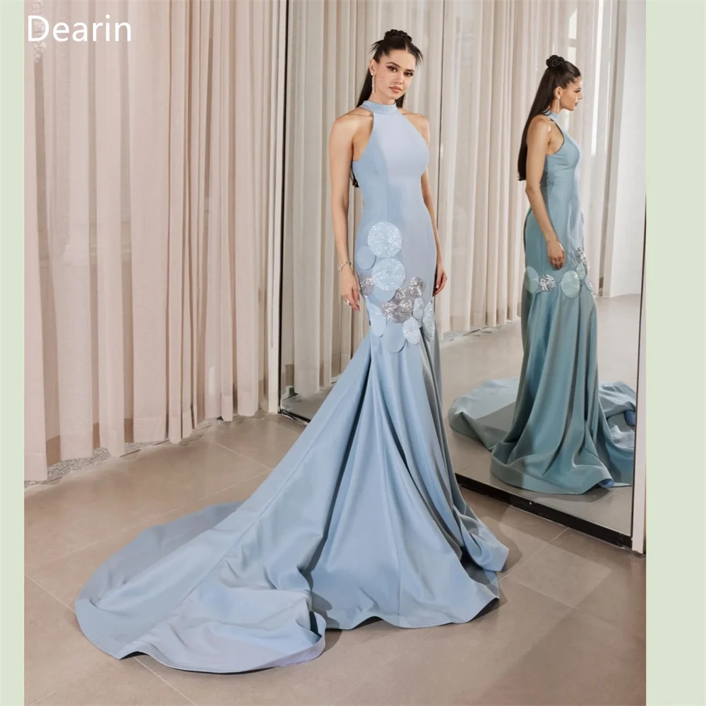 Customized Saudi Arabia Dearin High Collar Mermaid Floor Length Skirts Draped Sleeveless Applique Bespoke Occasion Dresses Prom