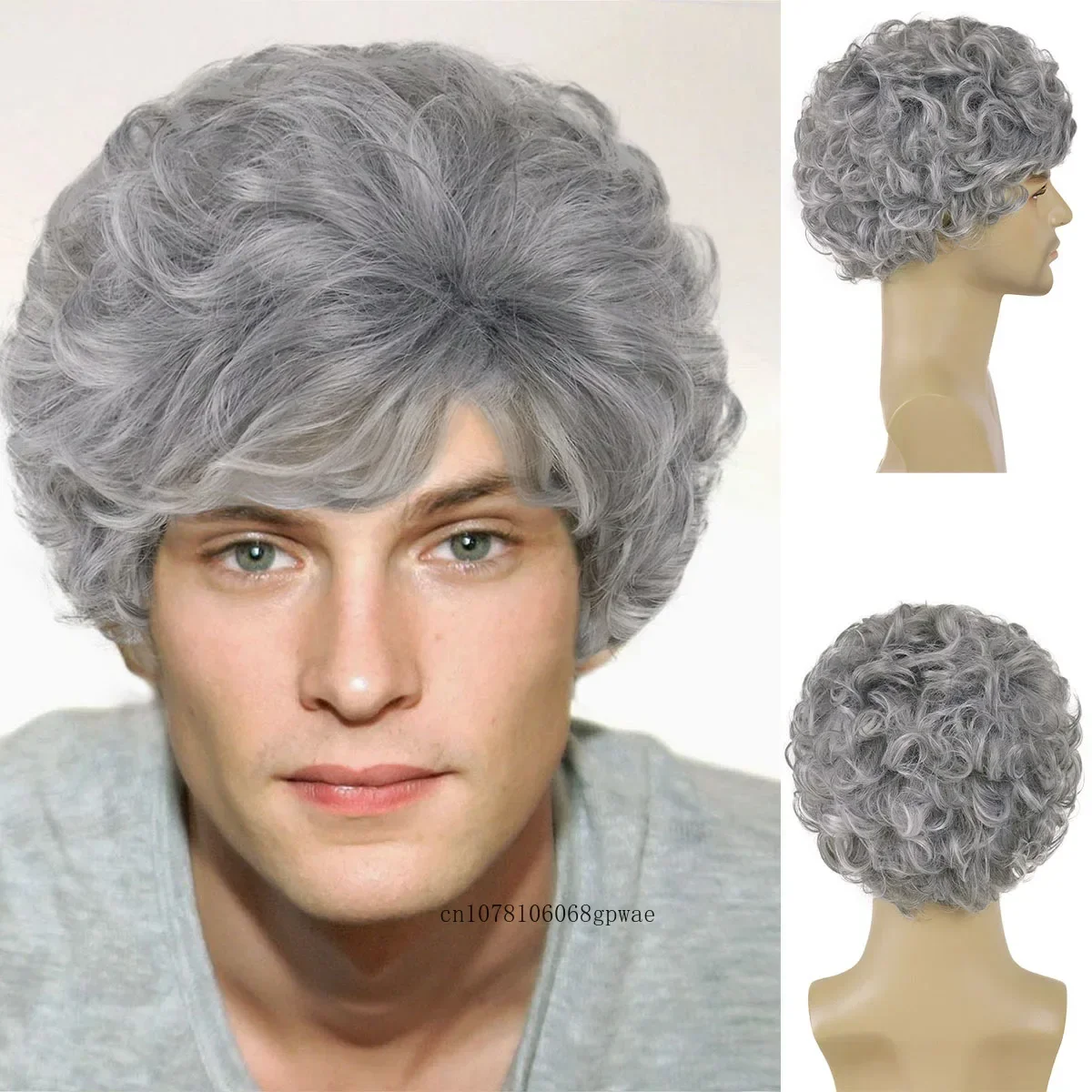 Short Silver Grey Synthetic Hair Wig for Men Grandpa Gifts Curly Wigs with Bangs High Temperature Fiber Daily Cosplay Costume