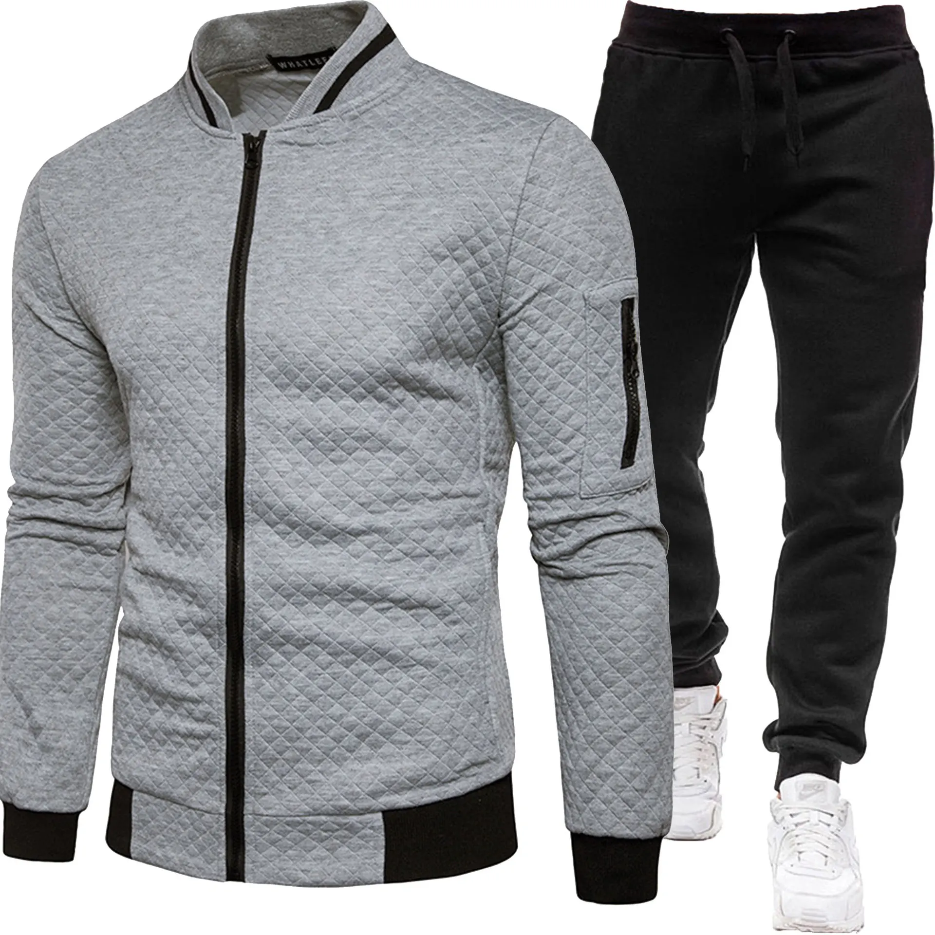 Herren Gesteppte Bomberjacke Trainingsanzug Herbst Winter Reißverschluss-Cardigan Sweatshirt Jogginghose Zweiteiliges Casual Sportbekleidungs-Set – Detail 8