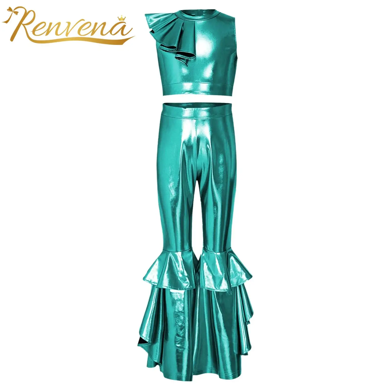 Kids Girls Disco Hip Hop Jazz Dance Costume Streetwear Metallic Sleeveless Crop Top Flared Pants Set for Stage Performance Wear