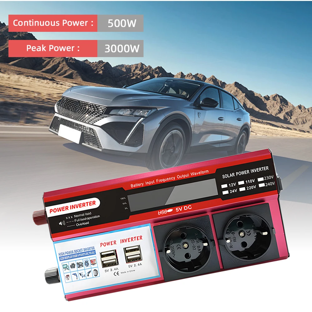 Inverter di potenza Degreat 500W da DC 12V a AC 220V, onda sinusoidale modificata, inverter solare da esterno con 2 prese universali AC 220V e 4 porte USB DC 5V