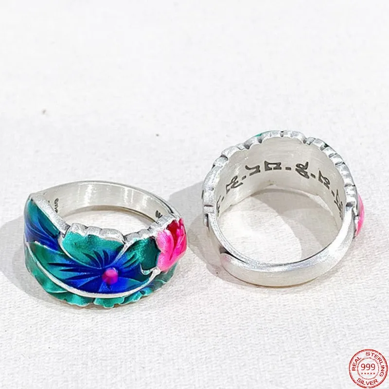 

Genuine S999 Sterling Silver Rings for Women 2023 New Women's Fashion Enamel Lotus in Full Bloom Pure Argentum Jewelry