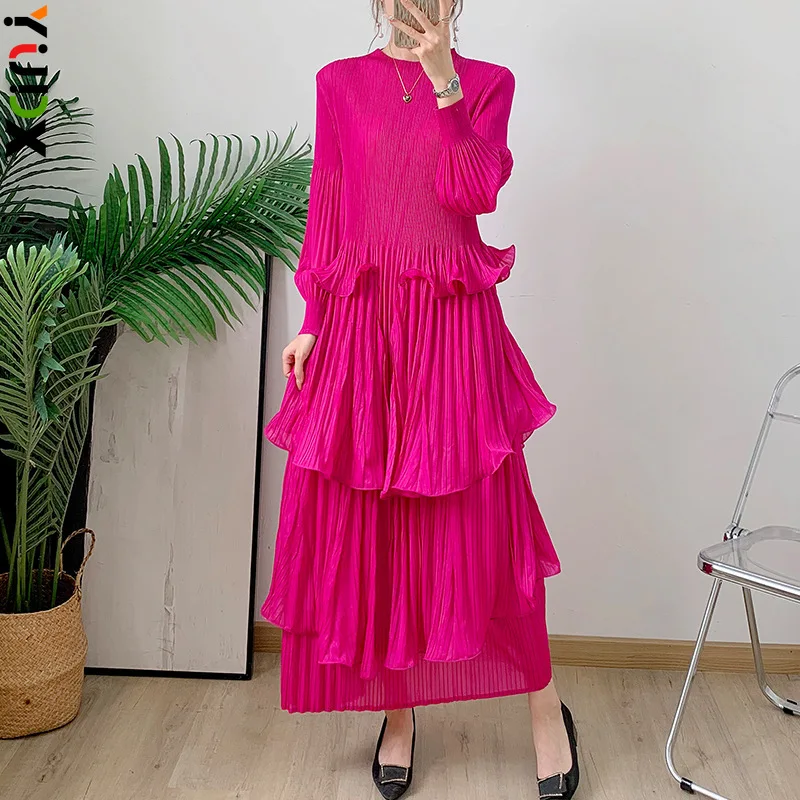 Pleated 2024 Fall New Models Heavy Wood Ear Edge Drawstring Tie Belt Long Women's Dresses Stand-up Collar Loose Plus Size