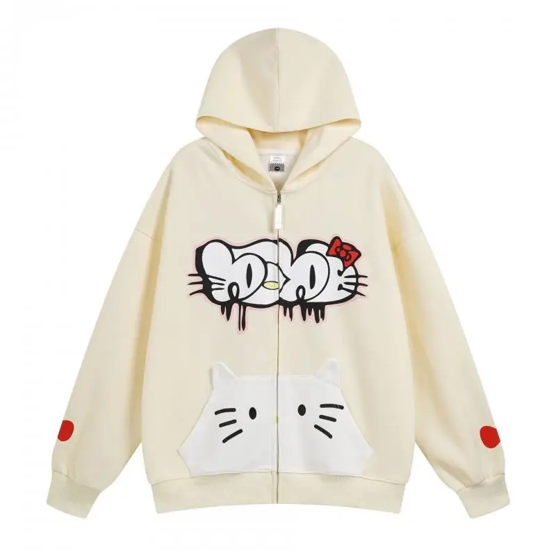 Hello Kitty Cappotto Felpa Cardigan Felpa con cappuccio Cerniera Allentata Trendy Marca Autunno e inverno Abbigliamento Cartoon Abbigliamento per le vacanze Regalo