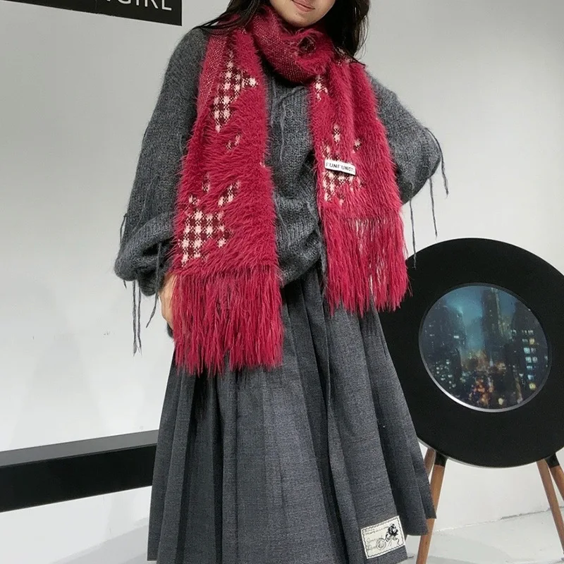 Plaid Wool Scarf for Women Thick Warm Winter Feather Soft Tassel Shawl Wrap Neck Cover for Daily Wear