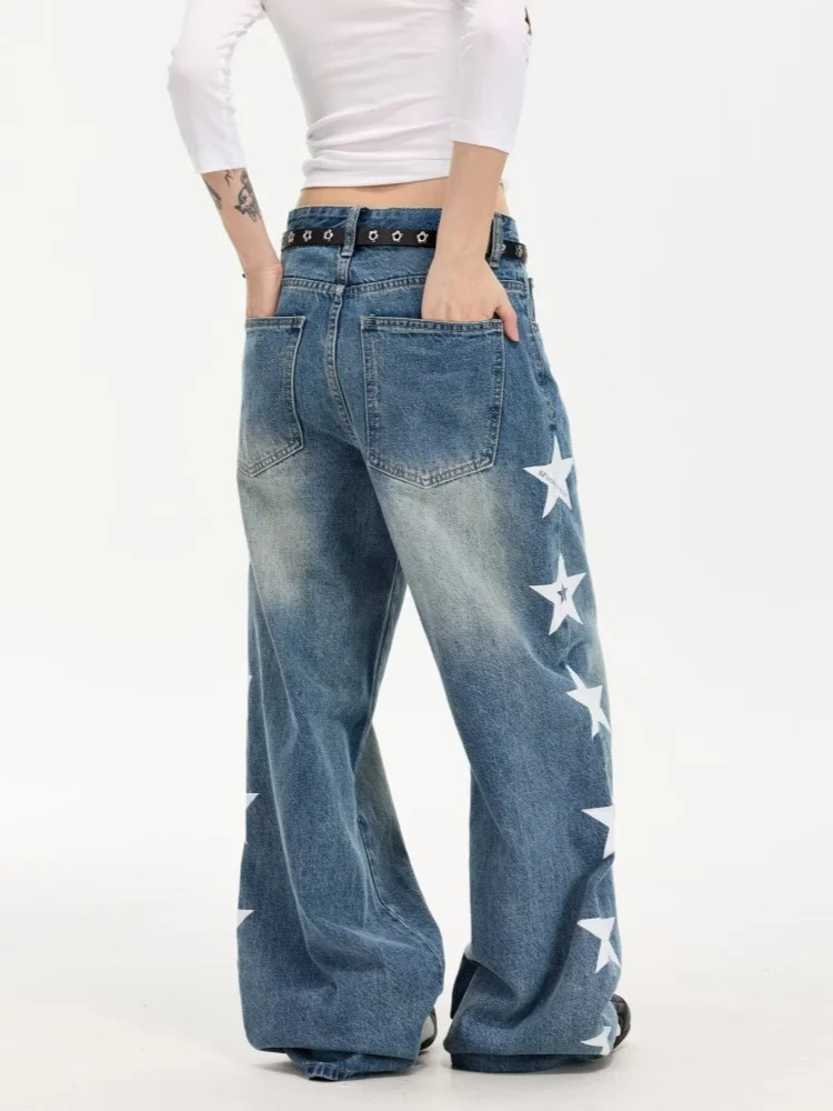 2026 Ropa Y2K Fashion Star Print Washed Blue Baggy Women's Jeans Pants For Woman Clothing Straight Casual Loose Denim Trousers
