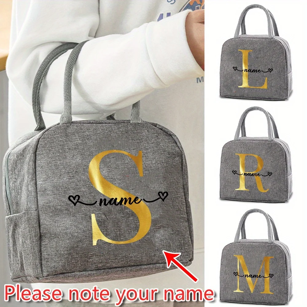 Customized Insulated Lunch Bag Bento Bag Aluminum Foil Lunch Box Women's Handbag Gold Letter Pattern Insulated Picnic Food Bag