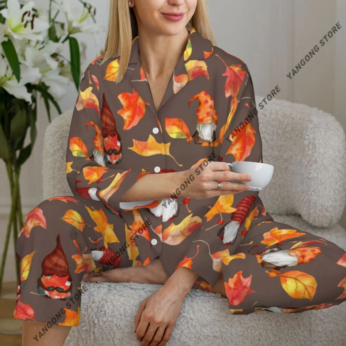 

Весенне-осенний пижамный комплект, женские брюки с длинными рукавами, комплект из двух предметов, осенний семейный гном с листьями, комплект для домашнего интерьера