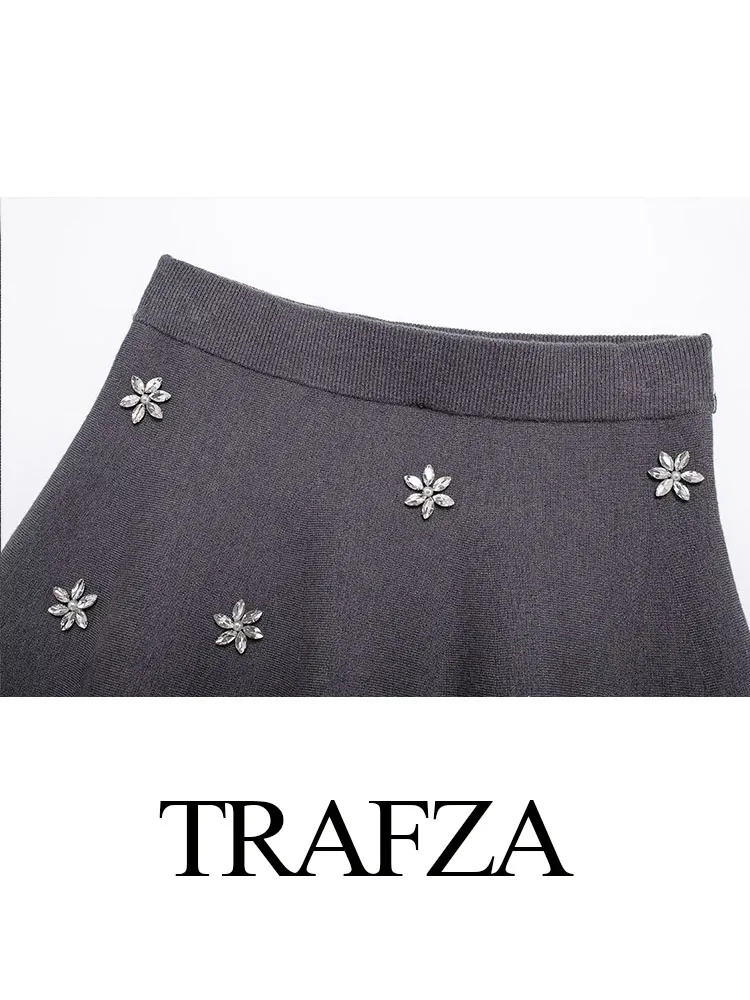 Trafza 2024 mulher magro casual saia de cintura alta feminina verão jóias decorar cinza cintura elástica malha mini saia mujer