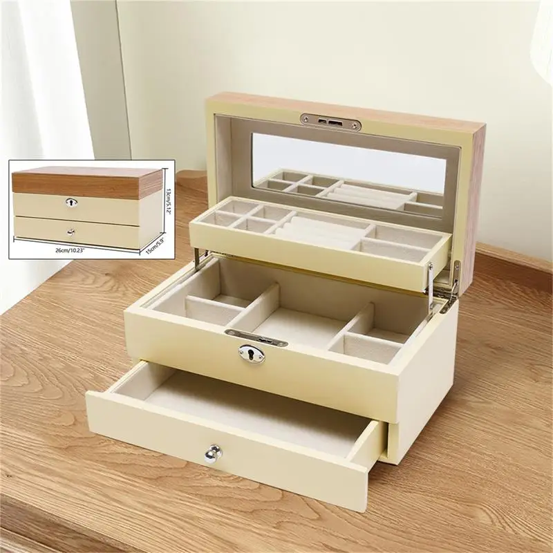 3 Layers Wooden Jewellery Box Automatic Opening Jewelry Organizer  with Mirror Fits To Watch Ring Necklace Birthday Present