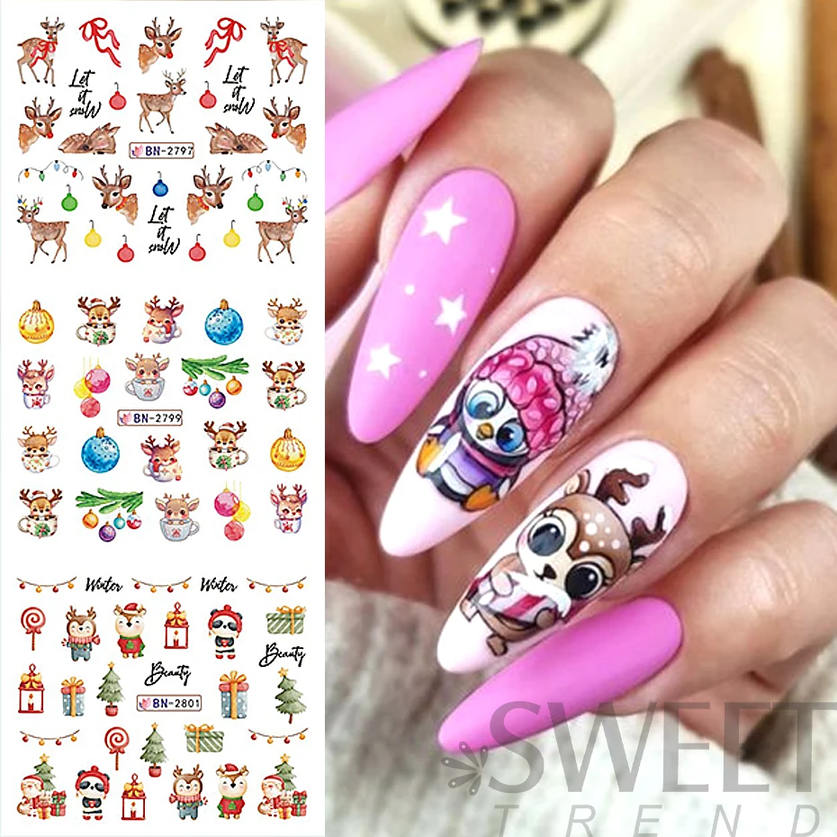 12pcs Christmas Cute Elk Nail Sticker Penguin Polar Bear Animal Water Nail Decal Letter Pine Slider Winter Decoration Watermarks