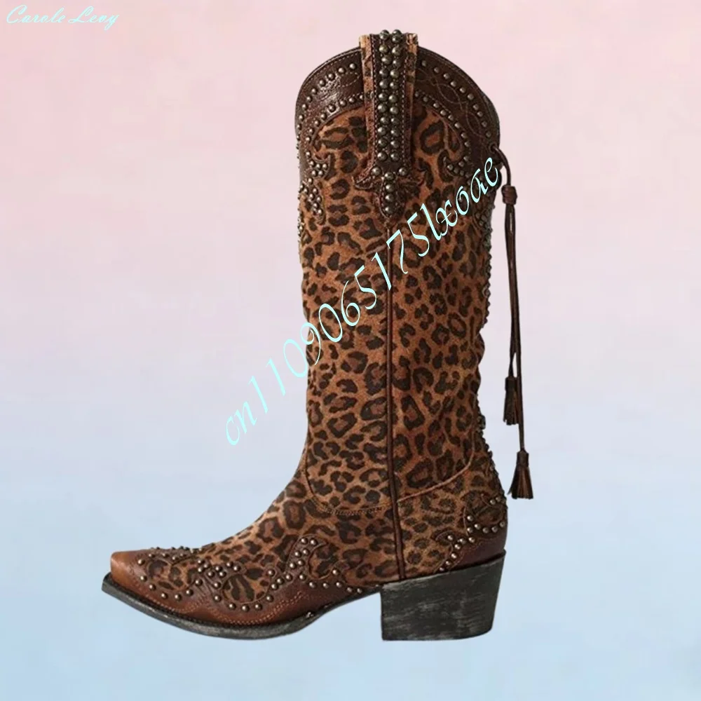Ladies Leopard Print Western Mid‑Calf Boots Pointed Toe Studs Tassel Fringe Block Chunky High Heel Vintage Retro Style Boots