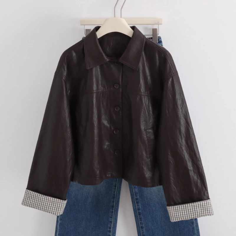 

Кожаное пальто с откидными рукавами для женщин, весенне-осенняя новая свободная куртка из искусственной кожи, мотоциклетный однобортный топ с отложным воротником