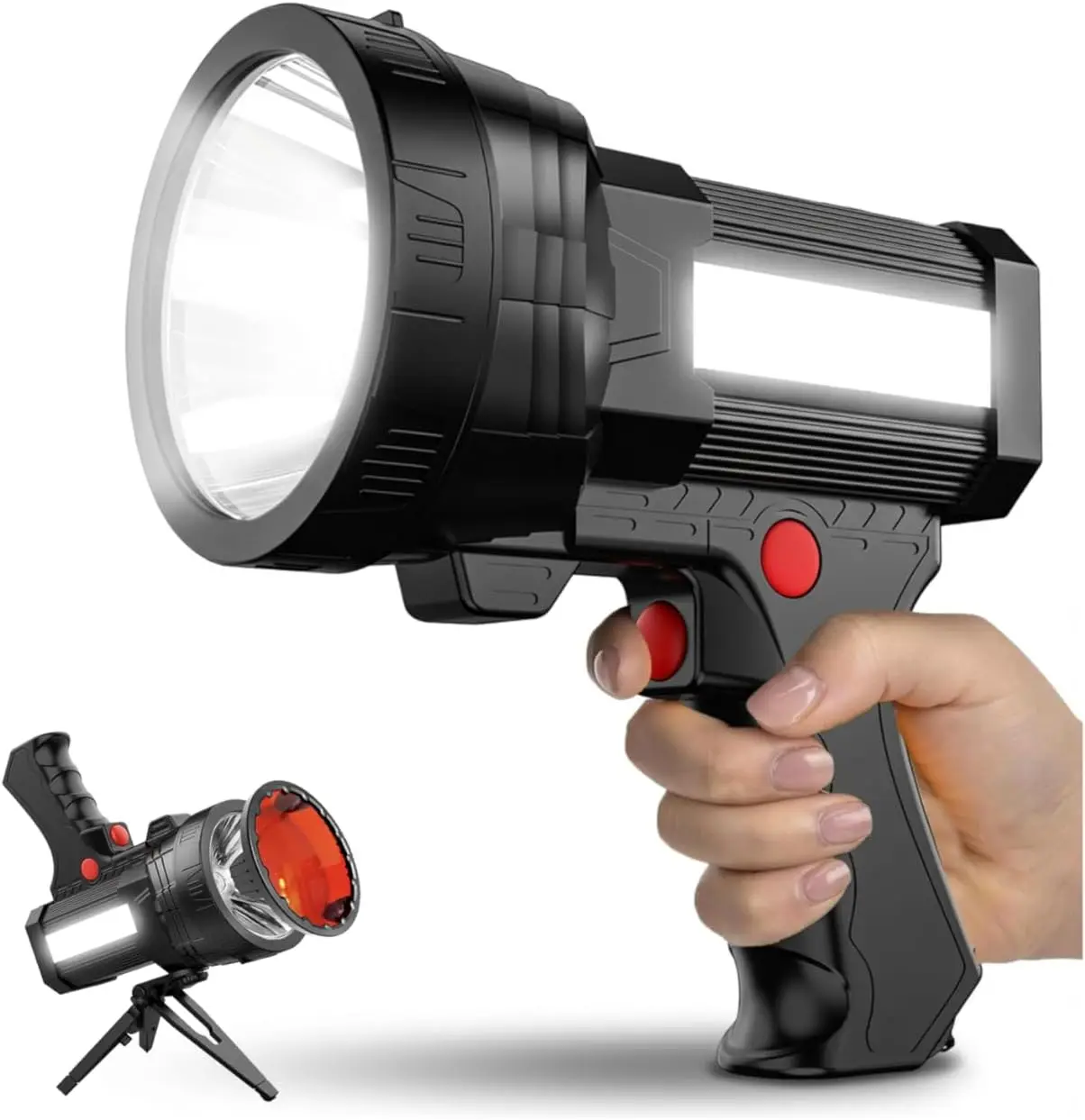 

Rechargeable Spotlight with 16M Lumens, COB Flood Light, 10,000mAh Battery for Hunting & Emergency Use