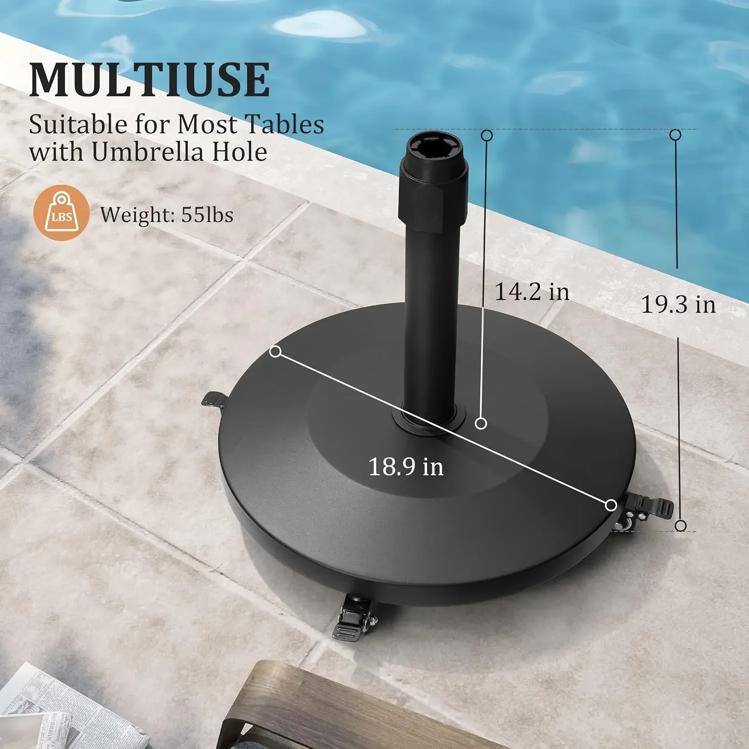 Patio Umbrella Base with 4 Wheels, 55lbs Round Heavy Duty Concrete Stand for Outdoor Market Umbrella, Black