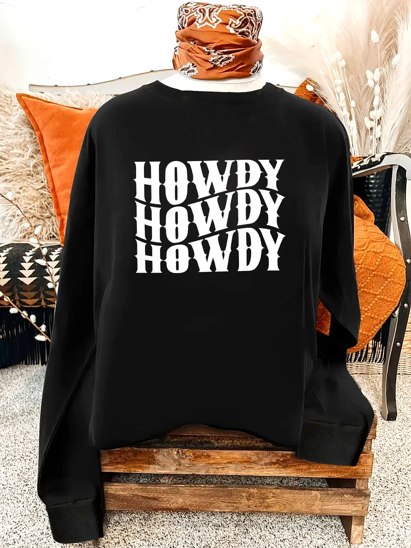 المرأة الغربية الحذاء هوديي الرسم ، أزياء الإناث ، عارضة Crewneck البلوزات ، نمط رعاة البقر ، Y2K